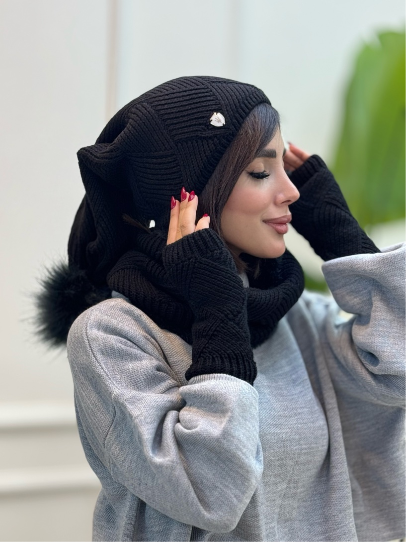 IMG_6955 ۳تیکه(شال،کلاه،دستکش) black - Image 1
